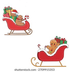 Two gingerbread men enjoy festive sleigh rides filled with gifts and candy canes, celebrating the Christmas spirit.
