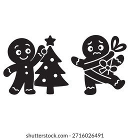 Two gingerbread men interact with a Christmas tree and a gift, showing joy and sadness.