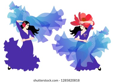 Two gipsy girls - flamenco dancers in long lilac-blue dresses posing with transparent manton in shape of flying birds.
