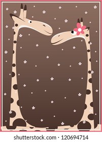 two giraffe on background with many flowers