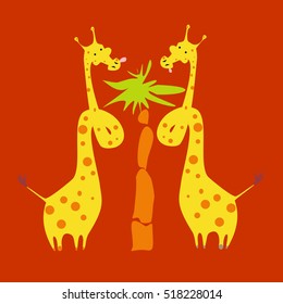Two giraffe and a palm tree