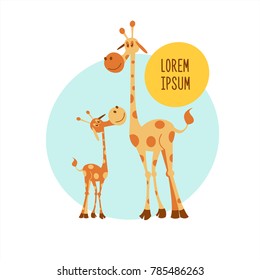 Two giraffe. Vector illustration. Cute cartoon giraffe, big giraffe and little giraffe baby. The African animals. Isolated on white background