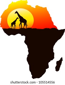 Two giraffes in the background of the setting sun, vector