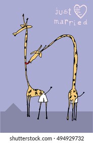 two giraffes couple in love and text just married