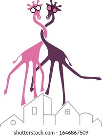 Two giraffes dance and have fun on the rooftops