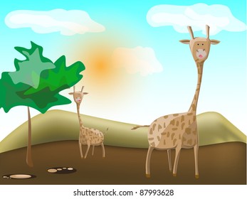 Two giraffes in desert at a tree laugh