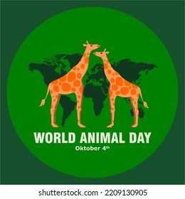 Two giraffes with a green circle on the background of the world map and the words World Animal Day, 4 October. Vector design of symbols, banners.