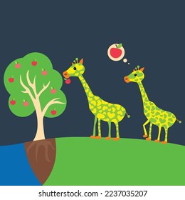 two giraffes in hearts eat apples near the lake