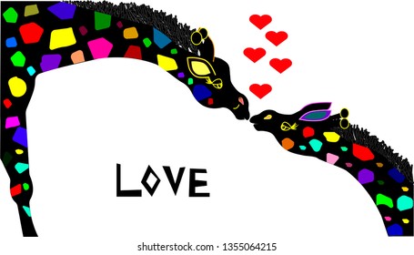 two giraffes kissing.colorful vector illustration with text love for poster,greeting card,banner