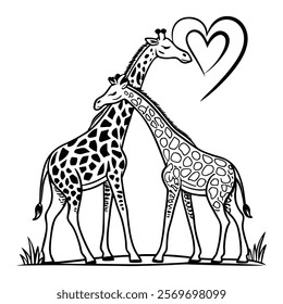 Two Giraffes in Love Embracing Under a Heart Symbol