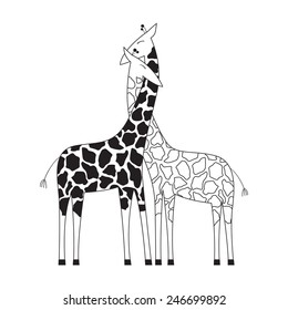 Two giraffes in love hugging each other in black and white version in vector