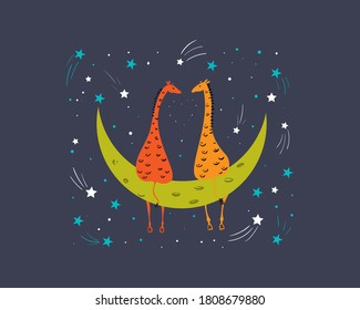 Two giraffes in love are sitting on the moon at night. Starfall and comets.