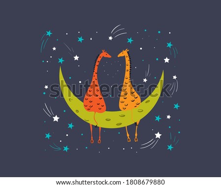 Two giraffes in love are sitting on the moon at night. Starfall and comets.