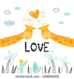 Two giraffes in love, tropical plants, vector illustration