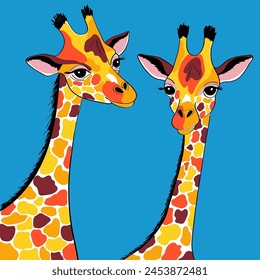 Two giraffes on a blue background. Cartoon, doodle. Flat colorful vector illustration for poster, card, banner.