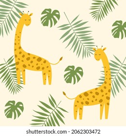 
two giraffes with palm leaf  