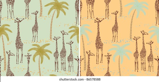Two giraffes seamless patterns in a retro style