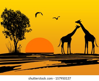 Two giraffes silhouette in africa at  beautiful sunset, vector illustration