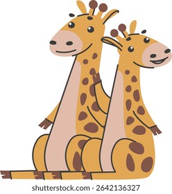 Two giraffes in a simple cartoon style with minimal details and bold outlines.  A pair of friendly African animals are shown sitting close together in an adorable pose. Cartoon vector illustration