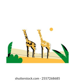 Two Giraffes Walking In Flat Vector Illustration Symbolizing Wildlife, African Savanna, And Nature Exploration, Isolated On White Background