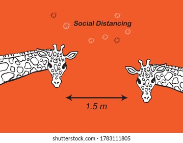 Two giraffes whose head come into the frame and 
channel the necessity to abide by social distancing regulations.( vector outline illustration)