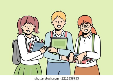 Two girl, boy with college bags stands together, keep textbooks, smiles. Back to school. Schoolchildren like to study. Smart students enjoy learning at university. Vector illustration.