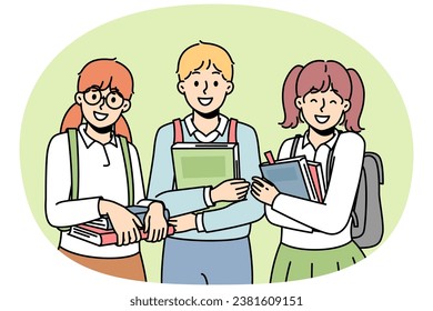 Two girl, boy with college bags stands together, keep textbooks, smiles. Back to school. Schoolchildren like to study. Smart students enjoy learning at university. Vector illustration.