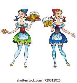 Two girl characters octoberfest with beer and brezel; RGB EPS 10 vector illustration