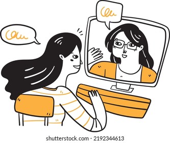 two girl doing video call doodle illustration 