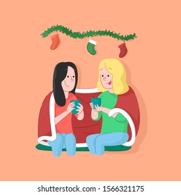 Two Girl Drinks Hot Chocolate. Christmas Illustration