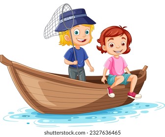 Two girl fishing on a wooden boat illustration