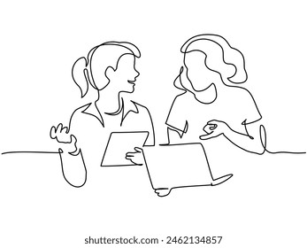 Dos amigas discutiendo datos de Internet usando una laptop. Dibujo continuo de una línea. Ilustración vectorial.