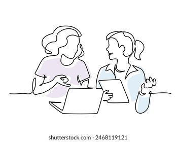 Dos amigas discutiendo datos de Internet usando una laptop. Dibujo continuo de una línea. Ilustración vectorial con mancha de color.