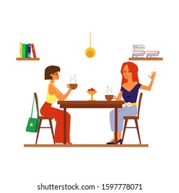 Two girl friends drinking tea or coffee beside table and talking - happy woman in cafe or restaurant chatting and smiling. Isolated flat vector illustration