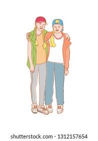 Two girl friends embracing hand drawn vector