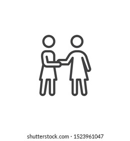 Two girl friends handshake line icon. linear style sign for mobile concept and web design. People friendship and relationship outline vector icon. Symbol, logo illustration. Vector graphics