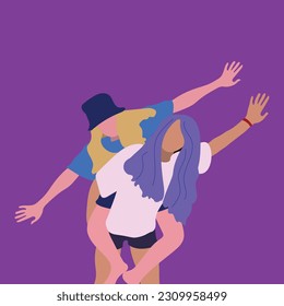 Two girl friends having fun with violet background and flat style