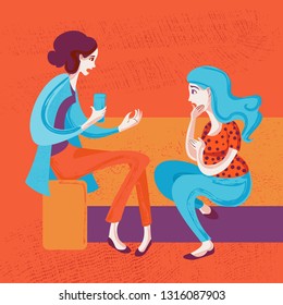 Two girl friends hugging and smiling together.  Vector