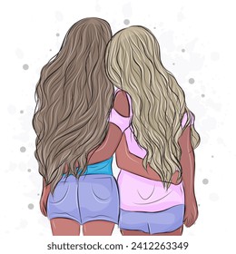 Two girl friends with long hair, hugging, back view print for March 8 valentines friendship day template vector template