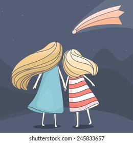 Two Girl Friends Looking At A Falling Comet In The Sky At Night. Vector Cute Cartoon Illustration