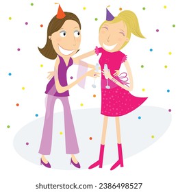 Two girl friends at a party celebrating the new year or other party, making a champagne toast. Vector Illustration.