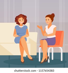 Two girl friends sitting and talking. Support and communication. Vector illustration