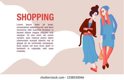 Two girl friends walking and shopping together. Banner. Happy womens day card, poster, banner. Hand drawn vector illustration.  