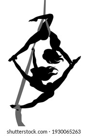 Two girl gymnasts on aerial silks. Simple vector monochrome illustration isolated on white background.