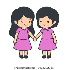 two girl hold hand and smile. Sister sibling and close female friend relationship