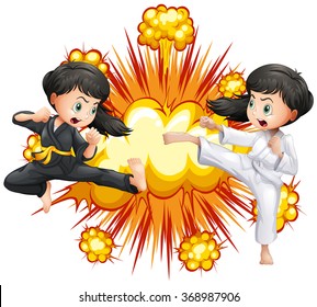 Two girl in kungfu outfit fighting illustration