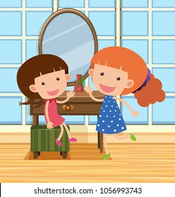 Two girl looking at mirror in room illustration