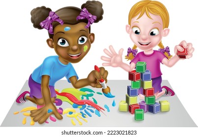 Dos niñas jugando con pinturas y bloques de construcción de juguetes