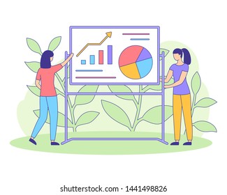 Two girl present analytic, statistic, infographic analysis on diagrams using board. Students or office financial project. Financial Strategy banner. Startup poster. People creative vector illustration