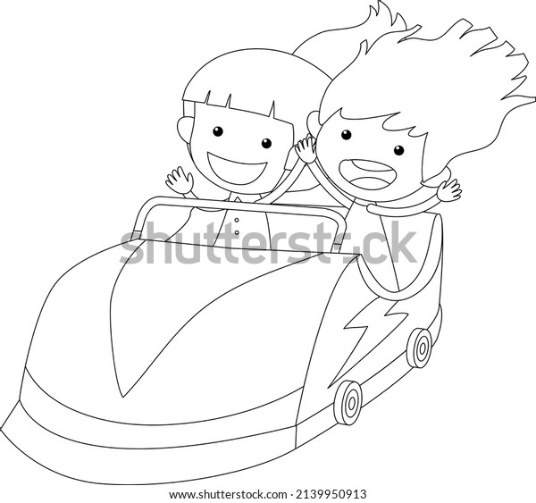 Two girl in racing car  black and white\
doodle character\
illustration